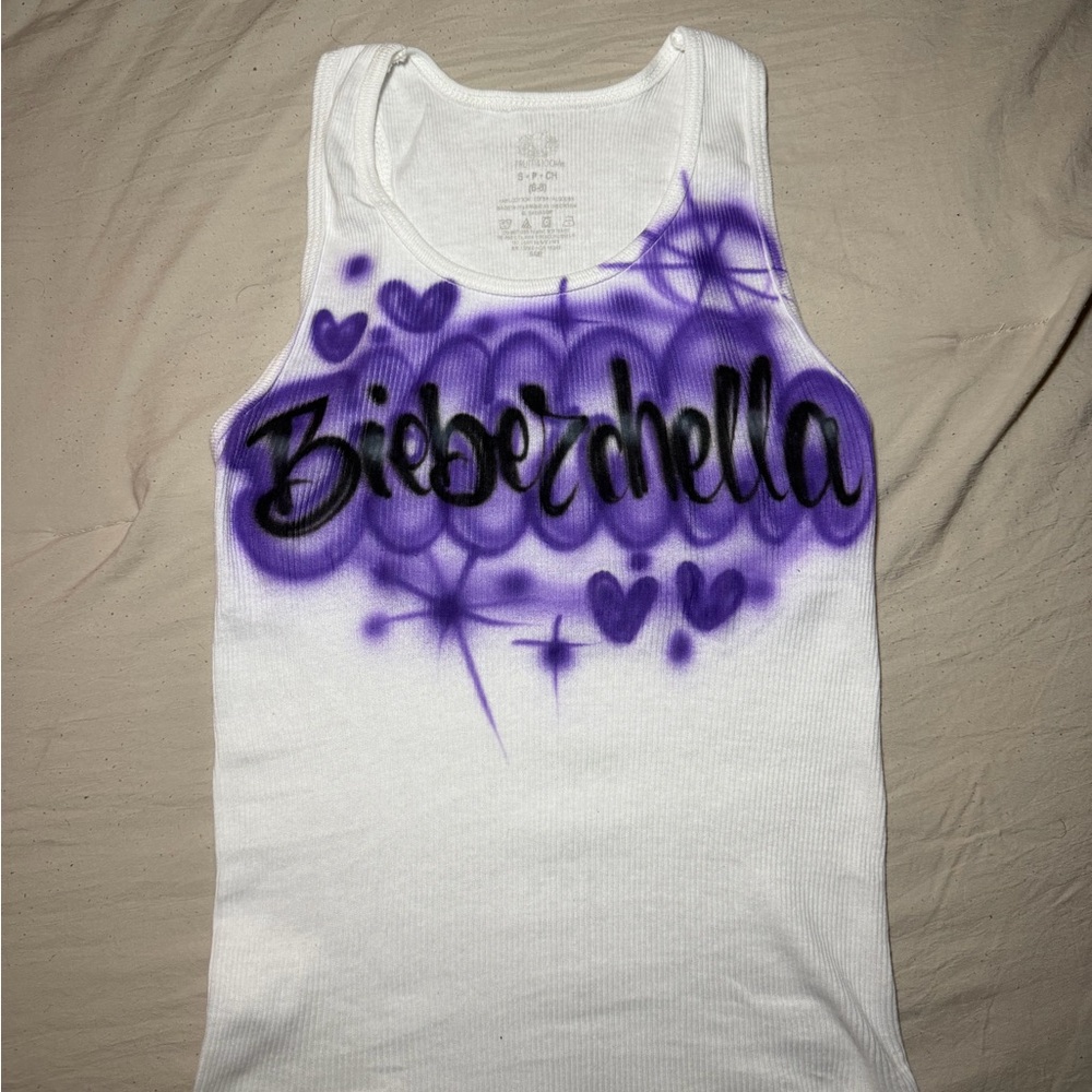 Custom 'Bieberchella' Airbrushed White Tank Top - Purple & Black Design